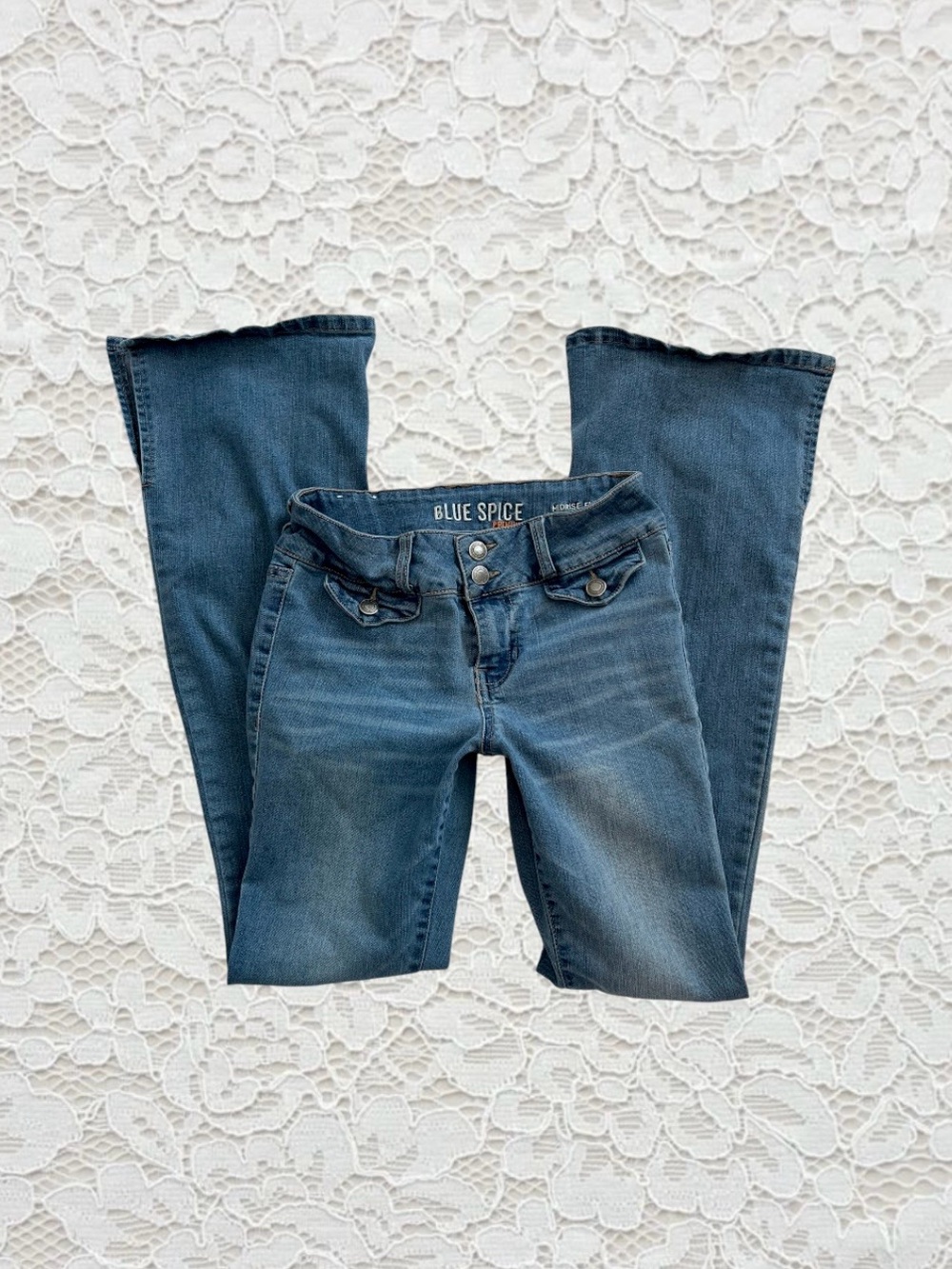 vintage blue spice low rise flare jeans with cute front pockets